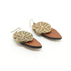 A brass gold rose shaped earring with a light brown leather leaf at the bottom. Handcrafted in Egypt by Sami Amin. 