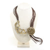 Handmade necklace made of a group of brown leather strands, decorated with a gold brass mermaid and a school of fish.