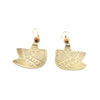 Handmade gold brass earrings in the shape of an engraved bird. 