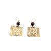 Handmade square shaped earrings made of gold brass with a diamond pattern, decorated with wooden beads.