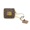 Red Handmade gold brass keychain in a square shape made of leather, featuring ornate Arabic calligraphy of the word "God".