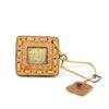 Red Handmade gold brass keychain in a square shape made of leather, featuring ornate Arabic calligraphy of the word "God".